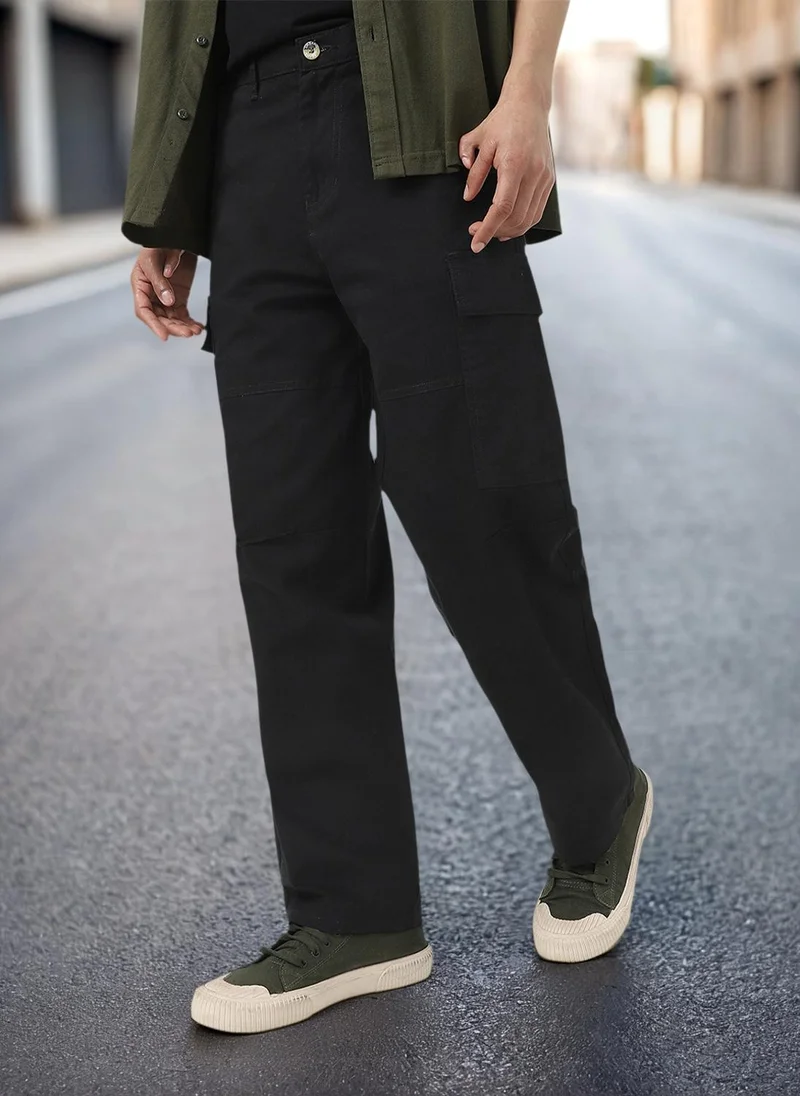 Urbano Fashion Men's Black Loose Baggy Fit Solid Cargo Chino Pant with 6 Pockets Non-Stretchable